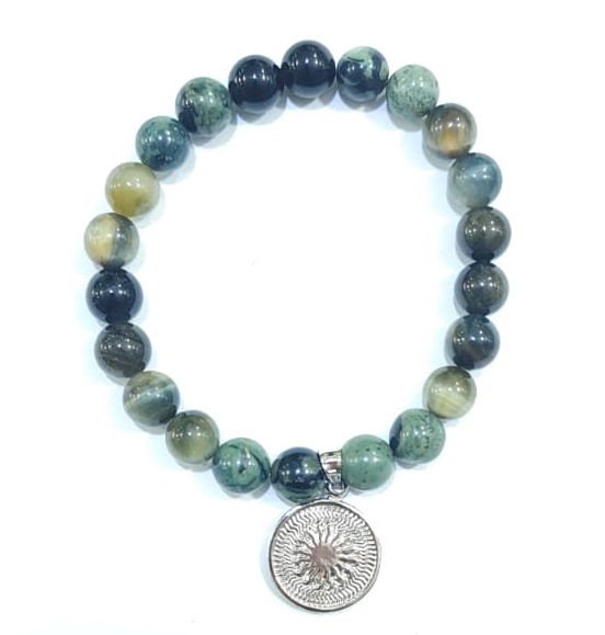 PULSERA DE CUARZO OJO DE TIGRE VERDE CON DIJE DEL ENEGRAMA SOLAR DE PLATA