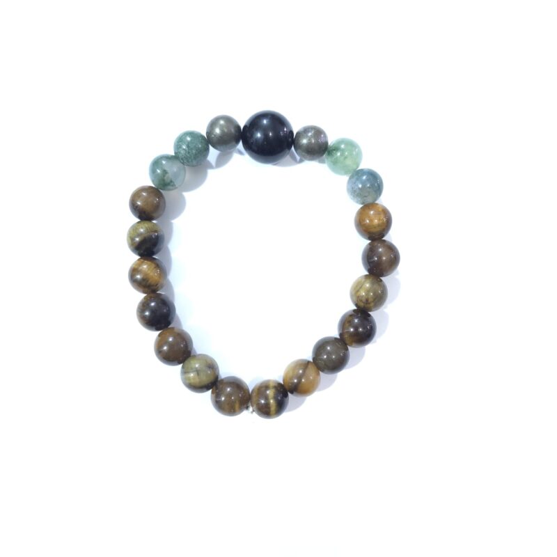 PULSERA DE OJO DE TIGRE, PIRITA, CUARZO VERDE Y OBSIDIANA