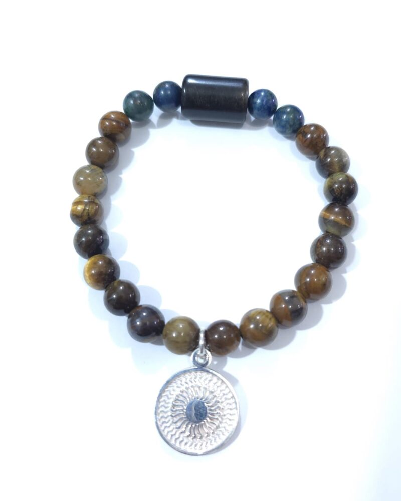 PULSERA OJO E TIGRE, CUARZO VERDE, OBSIDIANA Y ENEGRAMA DE PLATA