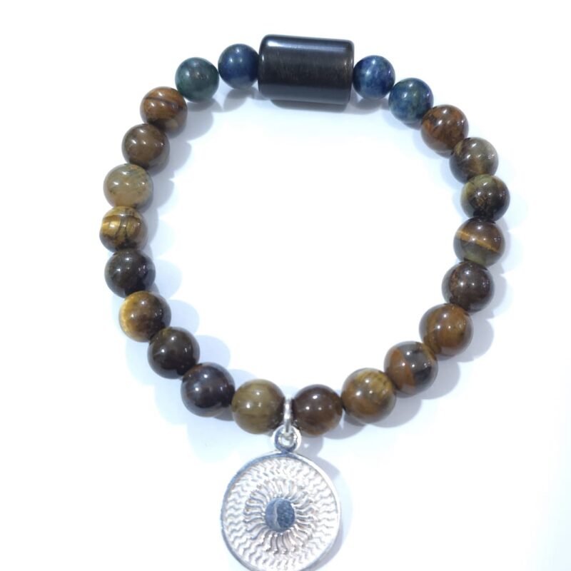 PULSERA OJO E TIGRE, CUARZO VERDE, OBSIDIANA Y ENEGRAMA DE PLATA