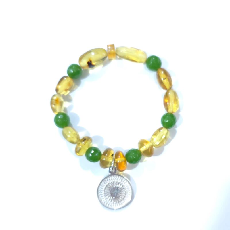 PULSERA DE AMBAR CON CUARZO VERDE Y ENEGRAMA SOLAR DE PLATA