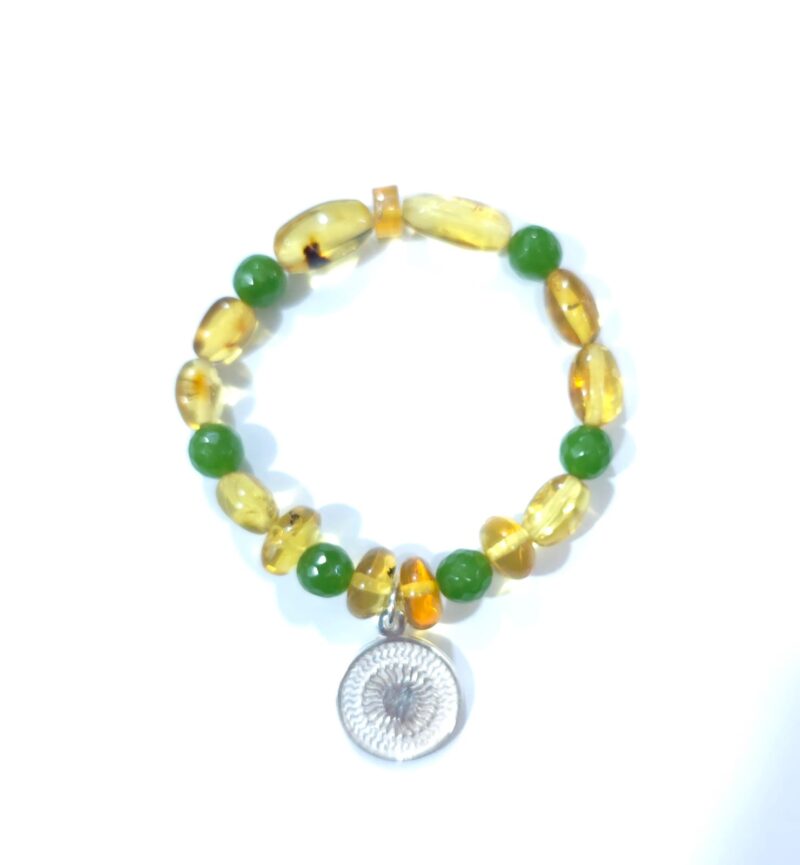 PULSERA DE AMBAR CON CUARZO VERDE Y ENEGRAMA SOLAR DE PLATA