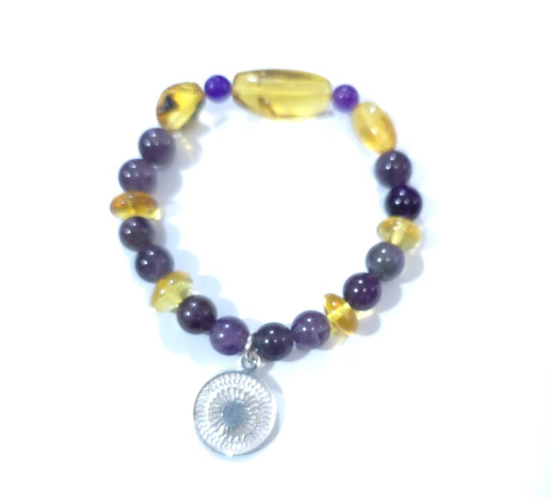 PULSERA AMBAR CON AMATISTA Y ENEGRAMA DE PLATA
