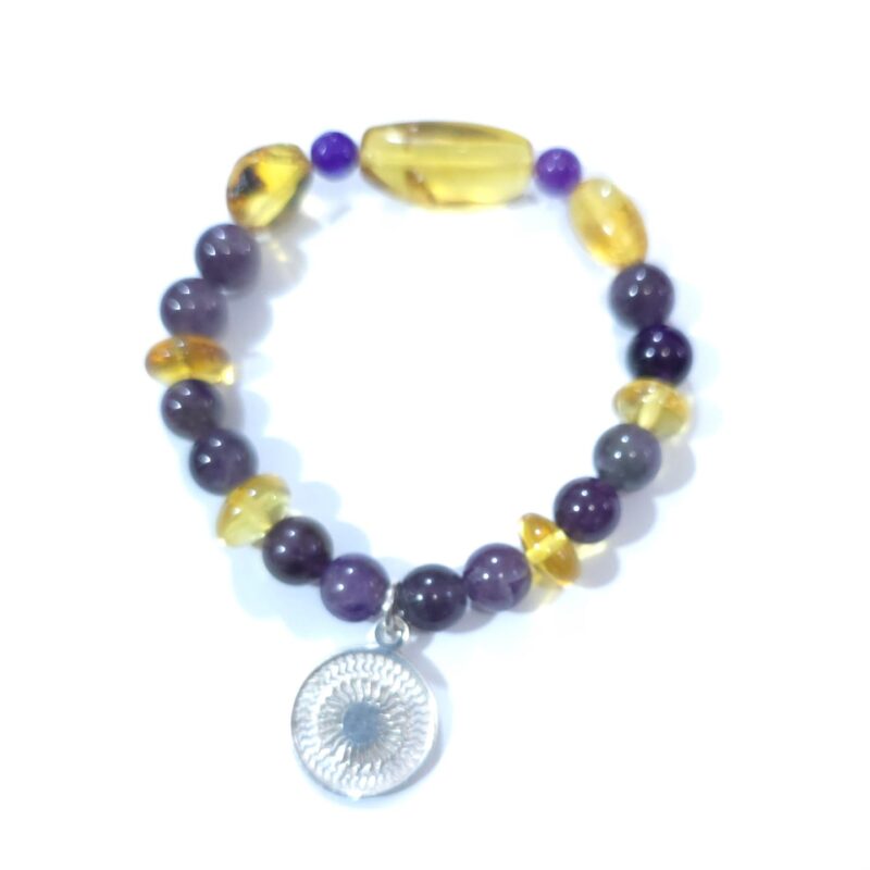 PULSERA AMBAR CON AMATISTA Y ENEGRAMA DE PLATA
