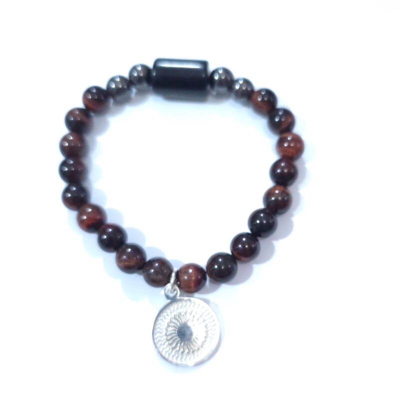 PULSERA OJO DE HALCON, ACERINA, OBSIDIANA Y ENEGRAMA DE PLATA
