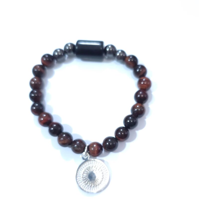 PULSERA OJO DE HALCON, ACERINA, OBSIDIANA Y ENEGRAMA DE PLATA