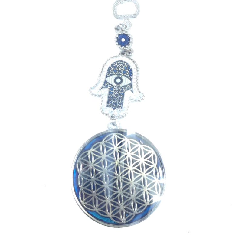 COLGANTE MANO DE FÁTIMA CON FLOR DE LA VIDA