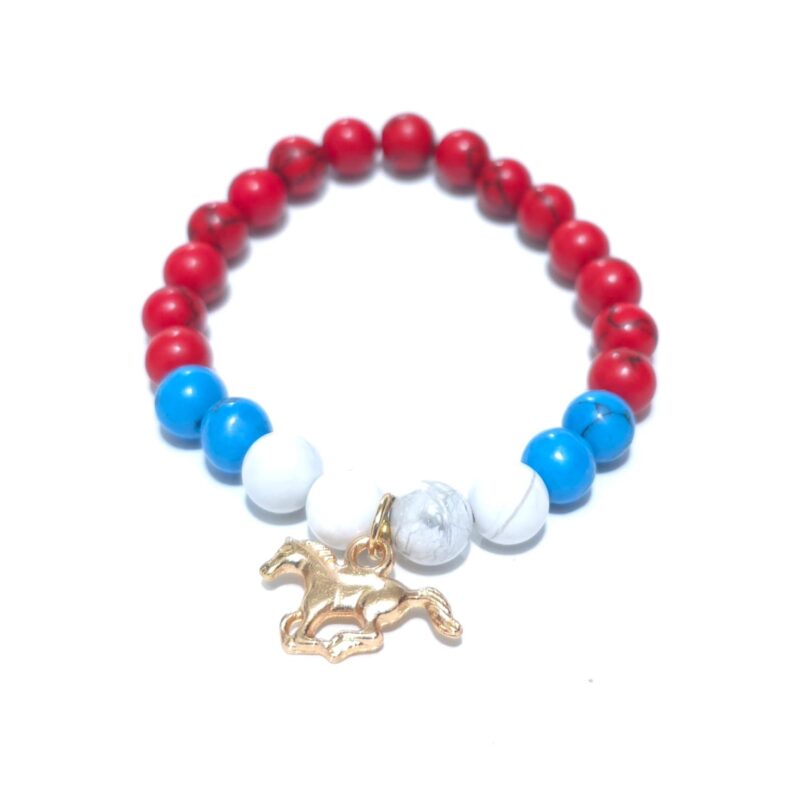 PULSERA DE CUARZO HAWLITA BLANCA, AZUL Y ROJA CON CABALLO FENGSHUI