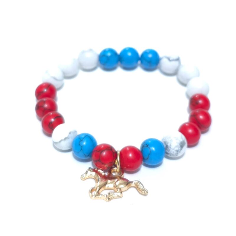 PULSERA CUARZO HAWLITA BLANZA, AZUL Y ROJA CON CABALLO FENG SHUI #2