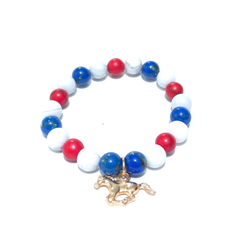 PULSERA CUARZO LAPIZLAZULI, HAWLITA BLANCA Y ROJA CON CABALLO FENGSHUI