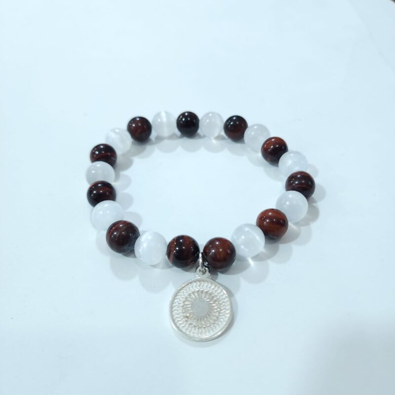 PULSERA DE CUARZO SELENITA Y OJO DE TIGRE CON DIJE DE ENEGRAMA SOLAR